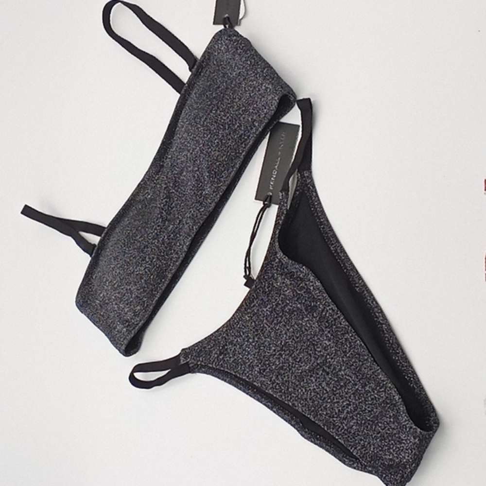 Kendall & Kylie Bandeau High Leg Bikini Set Black Glitter L